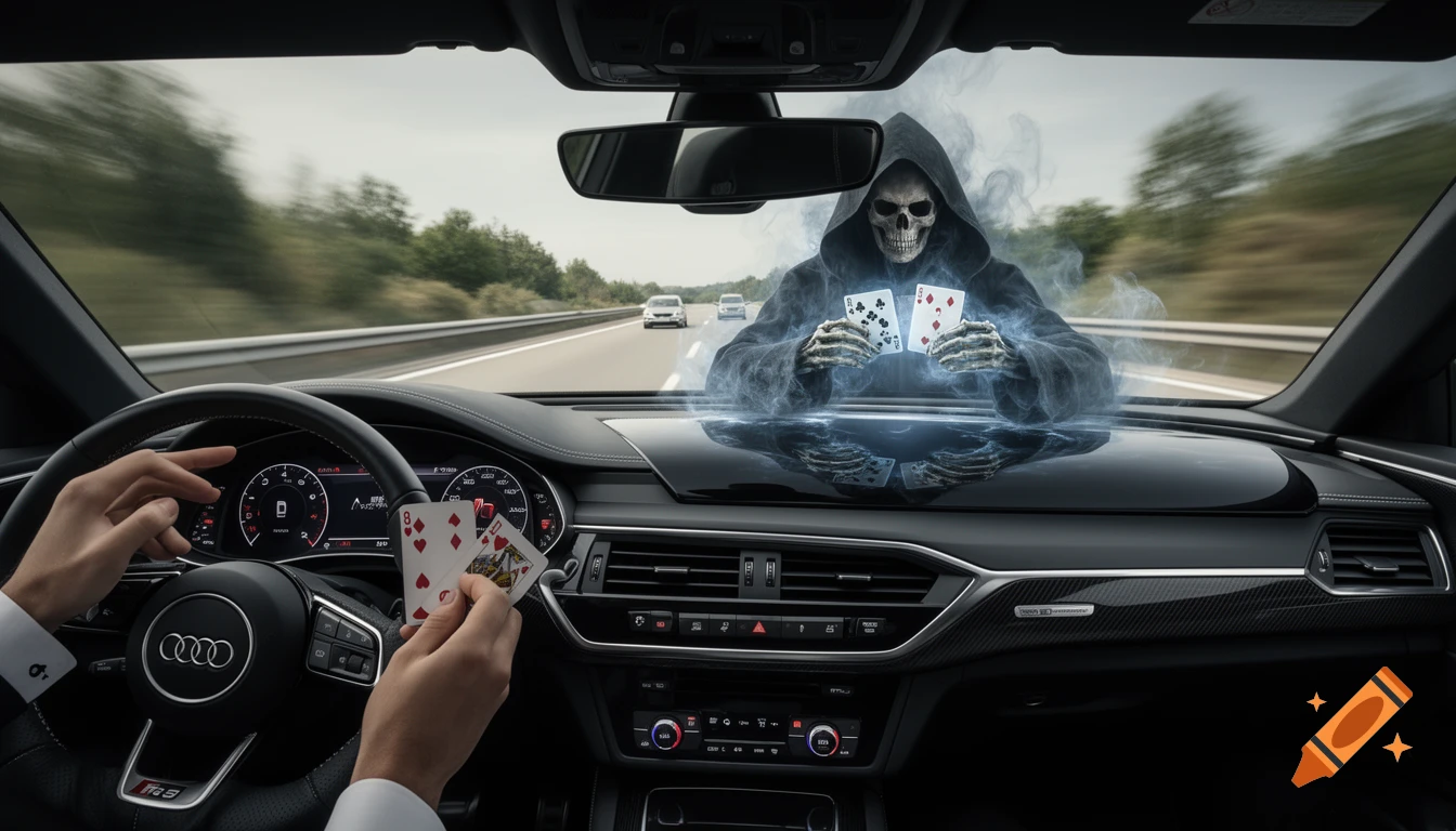 Photorealistic POV from inside an Audi RS7 driving fast on a highway, with a person holding playing cards. A smoky, spectral Death figure with a skull face and cowl floats on the dashboard, also holding cards, as if playing poker.