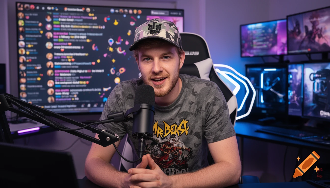 A man wearing a camo hat and a Mr. Beast t-shirt sits at a desk with a microphone, surrounded by multiple glowing computer screens displaying chat and games.