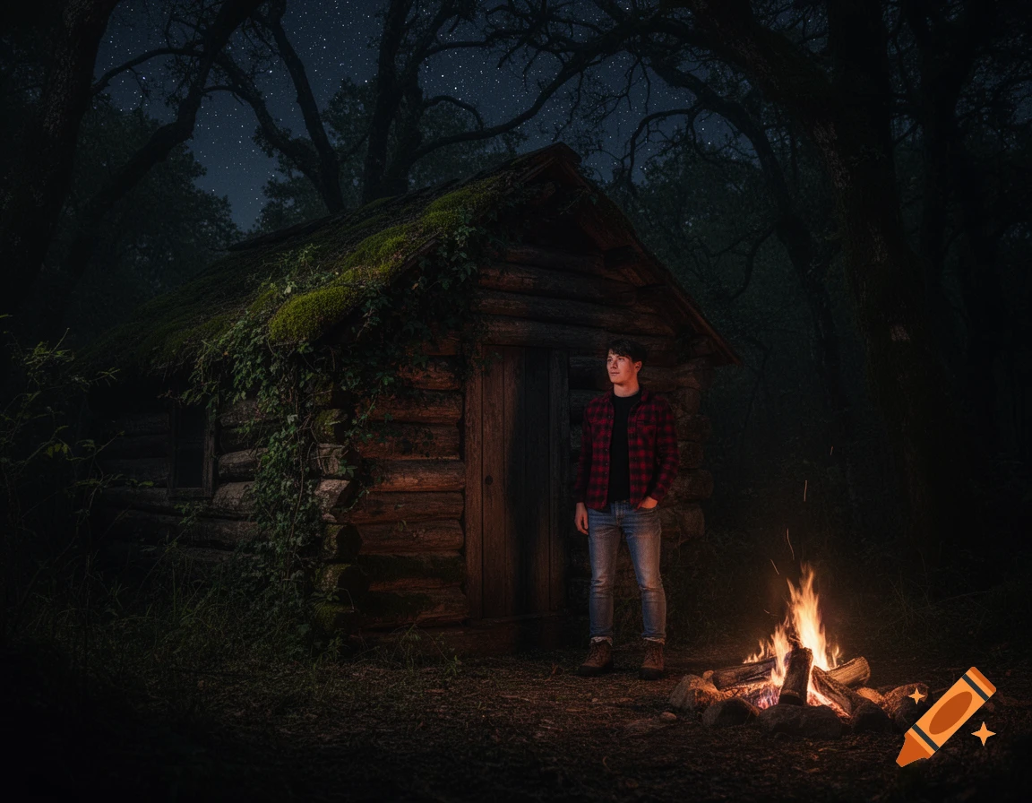 A person in flannel and jeans stands by a campfire in front of a mossy log cabin in a dark forest at night.