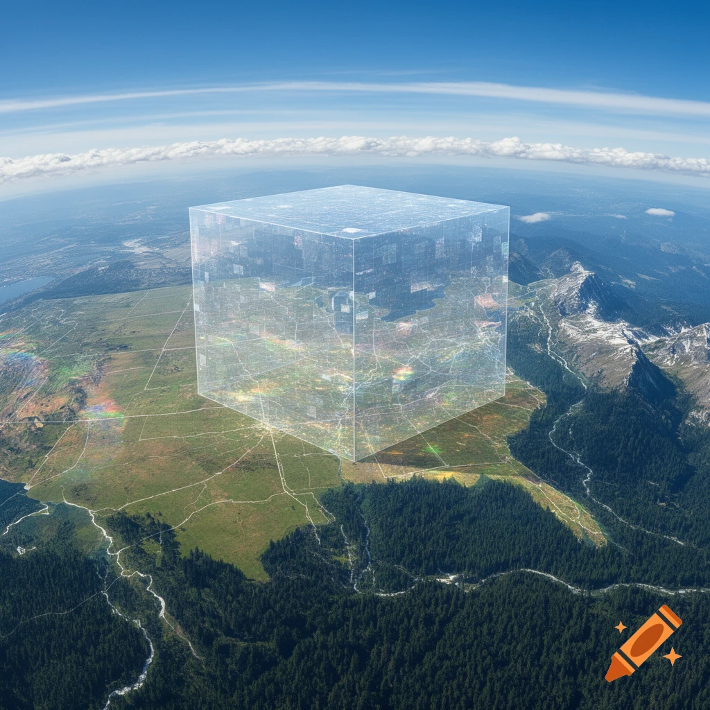 A giant translucent cube hovers over an aerial landscape featuring mountains, forests, and fields under a blue sky.