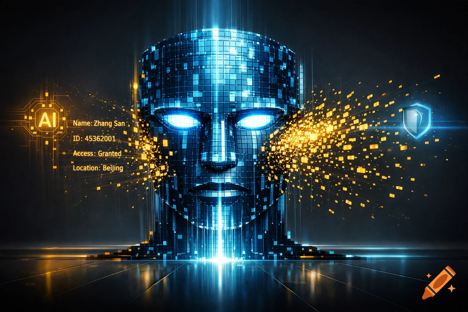 Futuristic digital AI face (sentinel mask) with glowing blue eyes scanning golden data particles and text showing 'Access: Granted'.