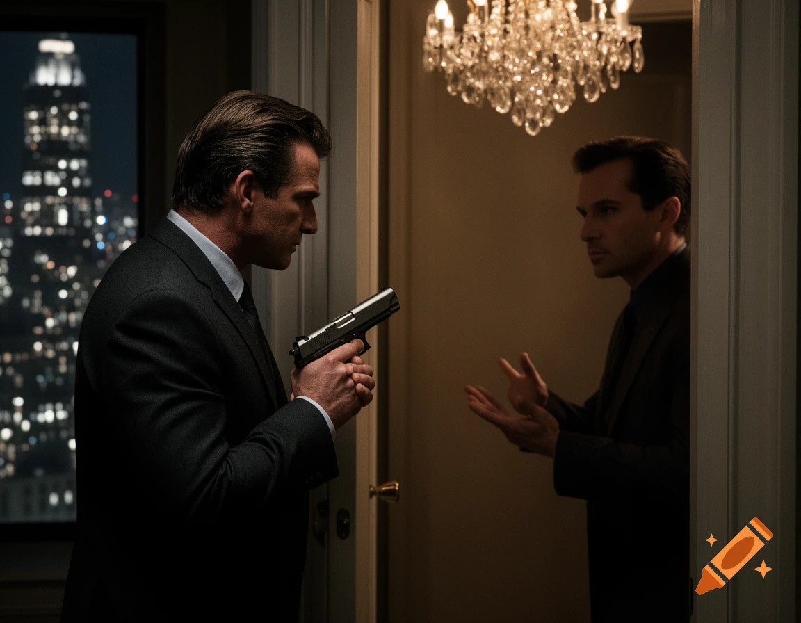 A photorealistic image of a man in a suit holding a pistol, facing another man with raised hands in a luxurious room with a city night view.