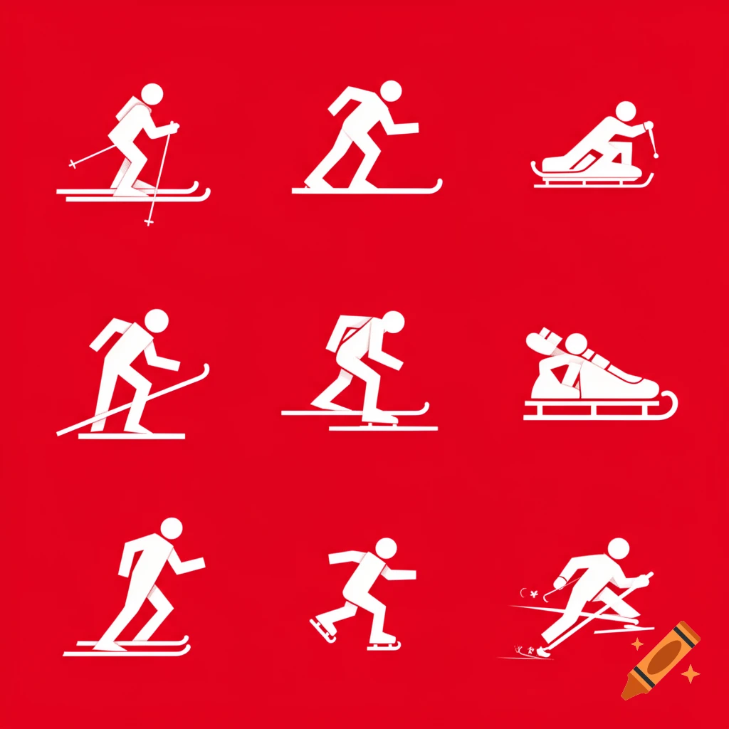 Nine white pictograms representing various winter sports like skiing, ice skating, and sledding on a red background.