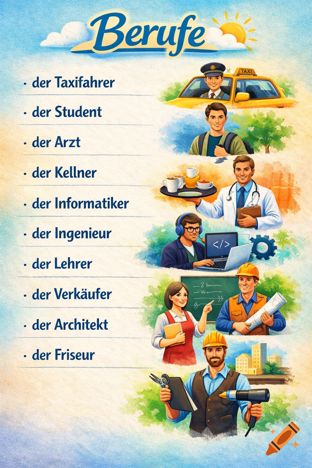 A colorful illustration depicting a German vocabulary list of professions, with words like taxi driver, student, doctor, and engineer, each paired with a representative character or scene.