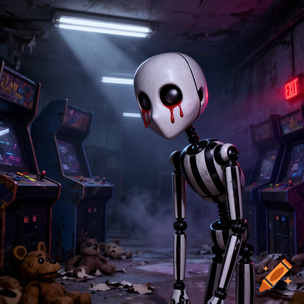 A creepy white and black striped puppet with red tears stands in a dark, dusty arcade with discarded teddy bears.