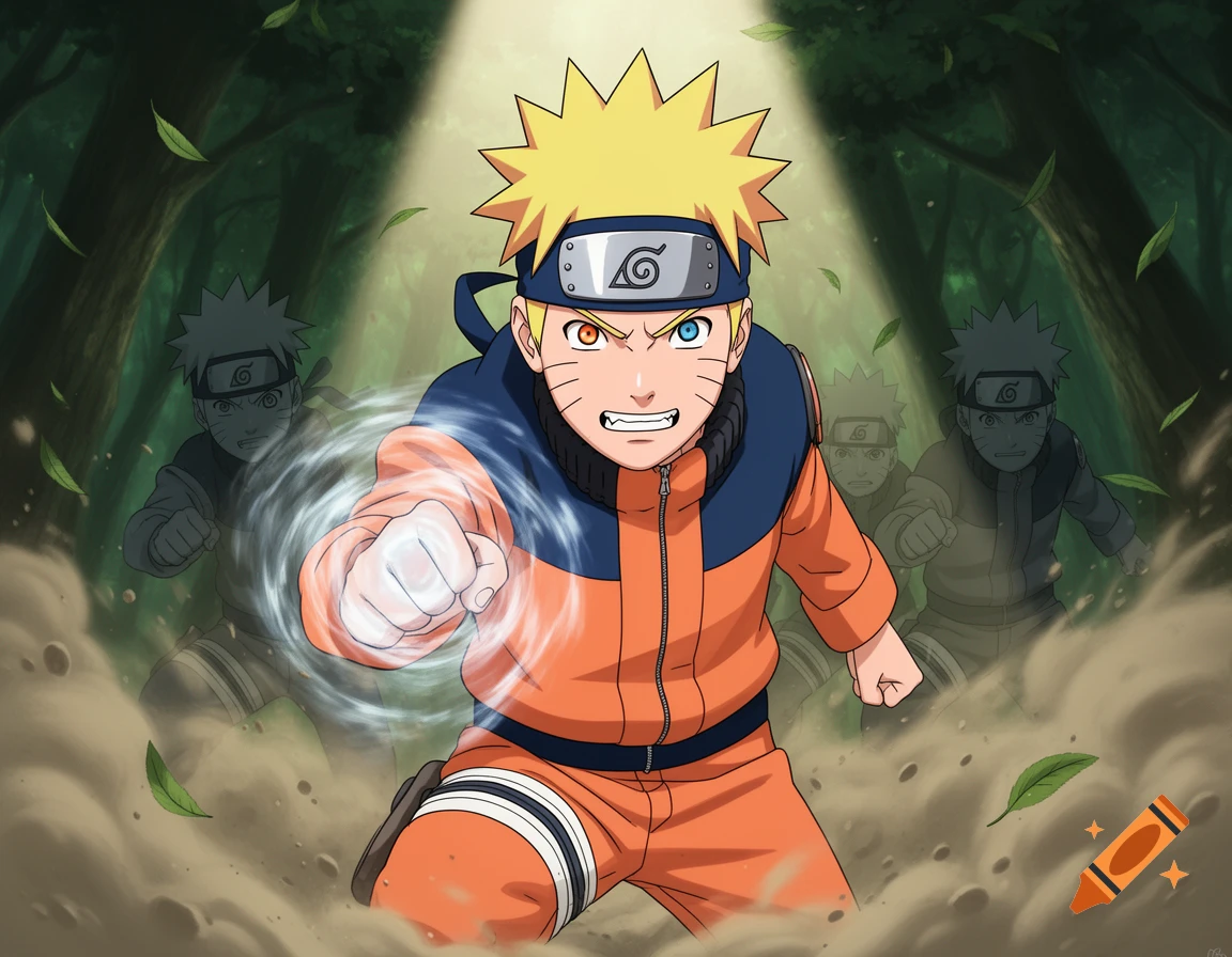 Naruto Uzumaki with swirling wind around his fist, shadowy clones in a forest background, in an anime style.
