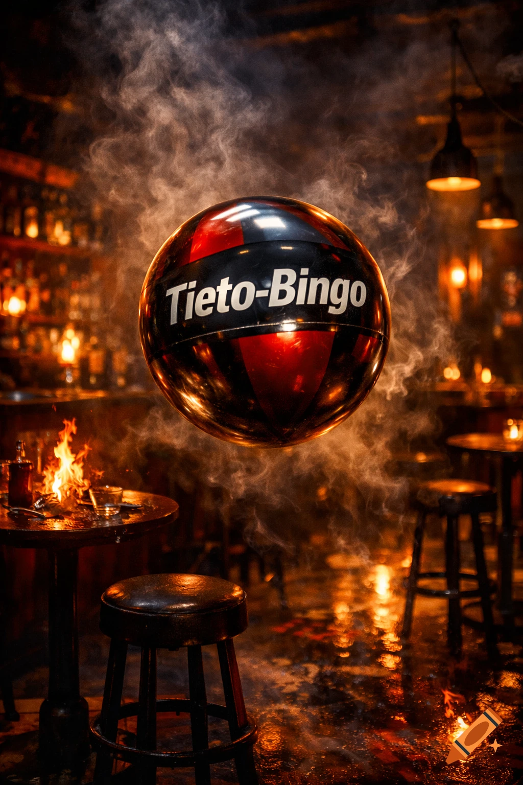 A dark, smoky bar with flames on a table, featuring a large, glowing red and black 'Tieto-Bingo' ball floating in the center.