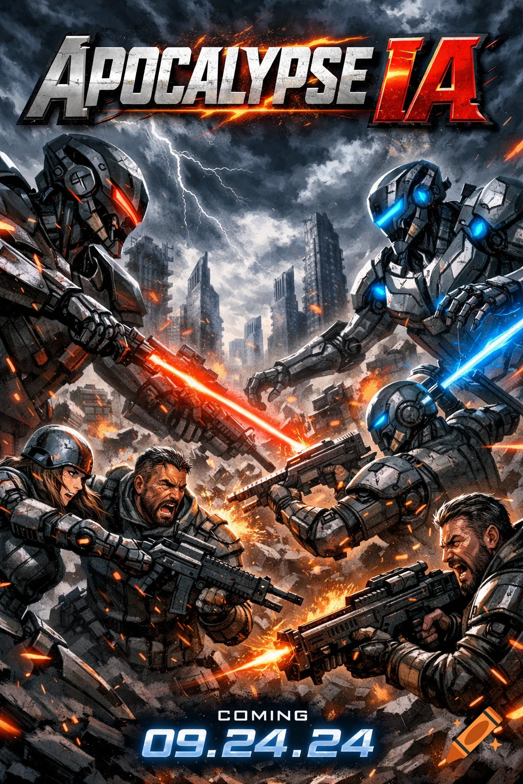 Comic book art of robots and soldiers battling in a ruined city under a stormy sky, with the title "APOCALYPSE IA" and release date "09.24.24".