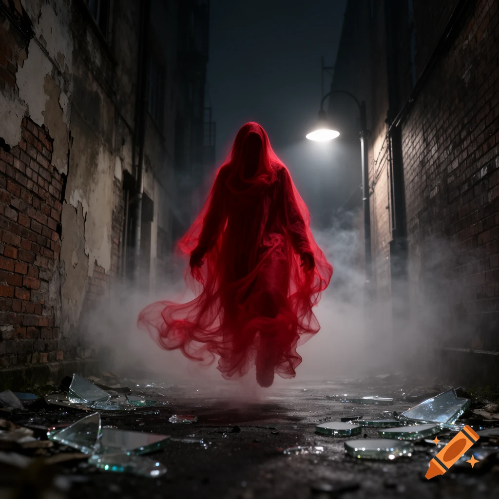 A ghost-like figure in a flowing crimson cloak stands amidst mist and broken glass in a dark, narrow brick alley under a street lamp.