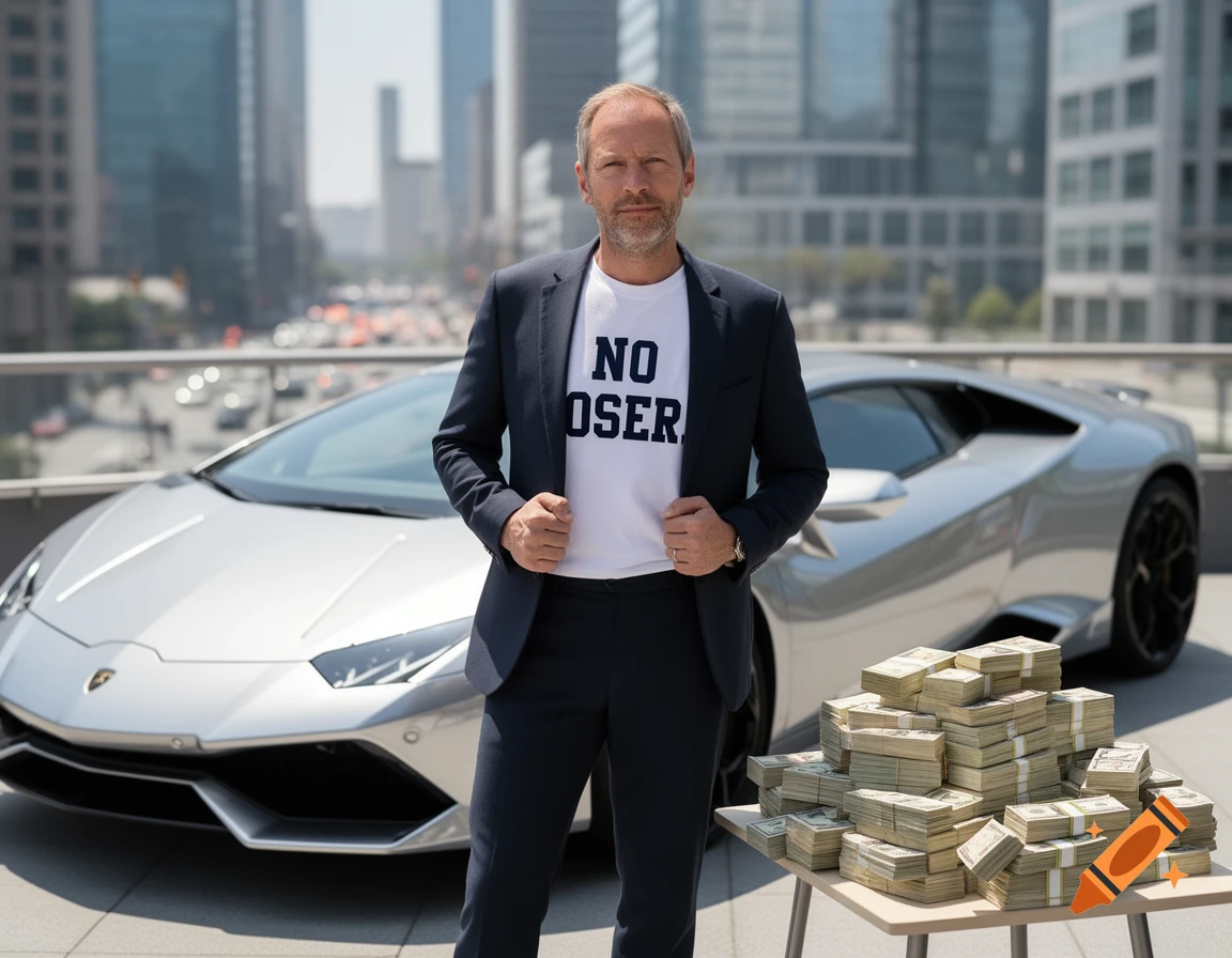 A man in a suit wearing a "NO LOSER" shirt stands in front of a silver Lamborghini and a pile of cash, with a city skyline behind him.