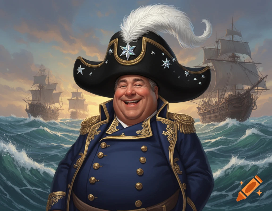 A jovial, rotund captain in a blue uniform and a feathered black hat smiles at sea with sailing ships in the background, in an illustration style.