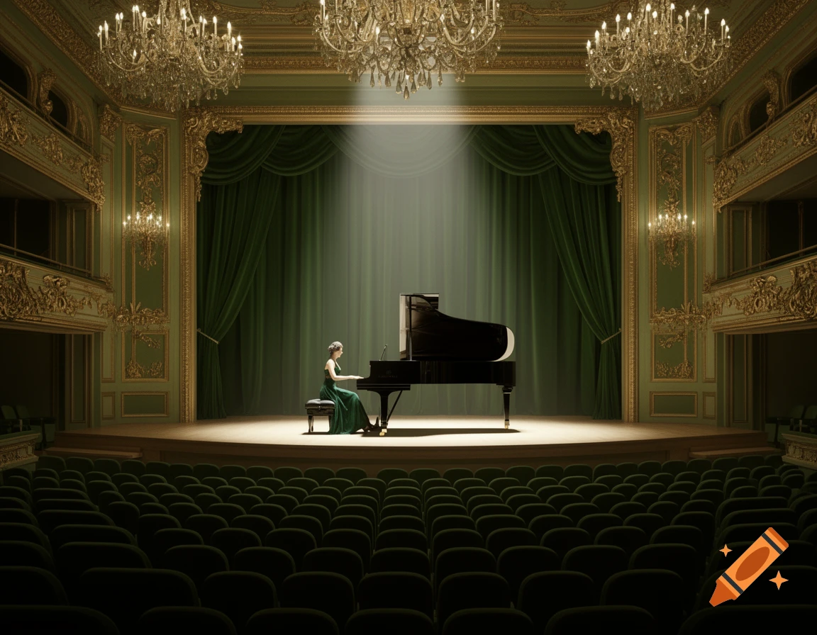 A musician plays a grand piano on a spotlighted stage in an opulent green and gold concert hall with rows of empty seats.