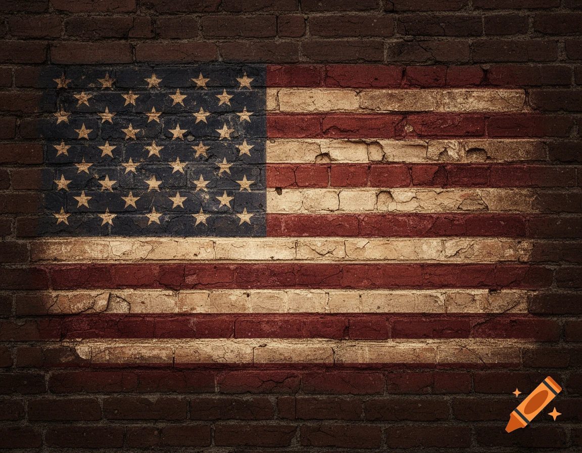 Weathered American flag painted on a dark red brick wall with warm, rustic colors, in a nostalgic mood, photographic.