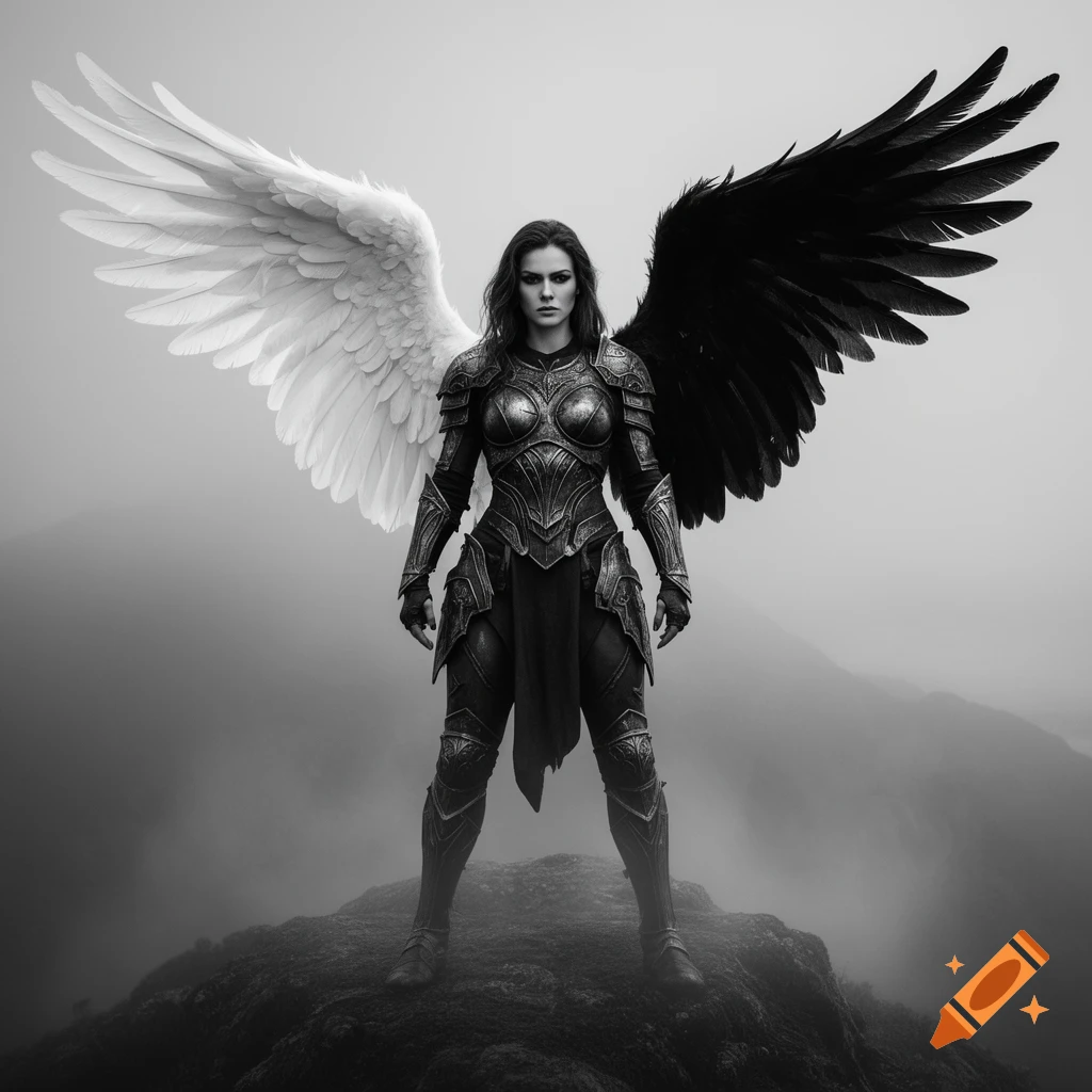 Monochrome image of a warrior woman in ornate armor, with a white wing and a black wing, standing on a misty rocky peak.