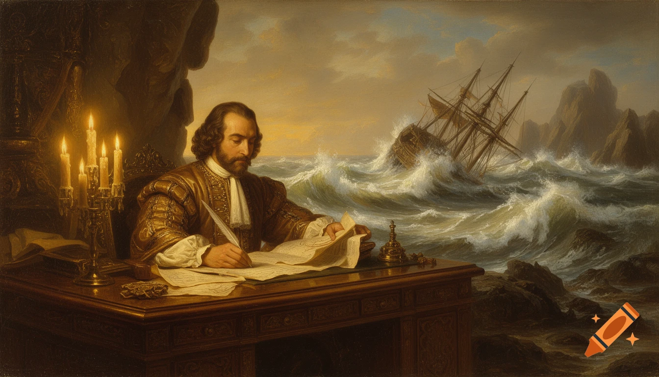 Oil painting of a man writing by candlelight, with a stormy sea and a shipwreck in the background.