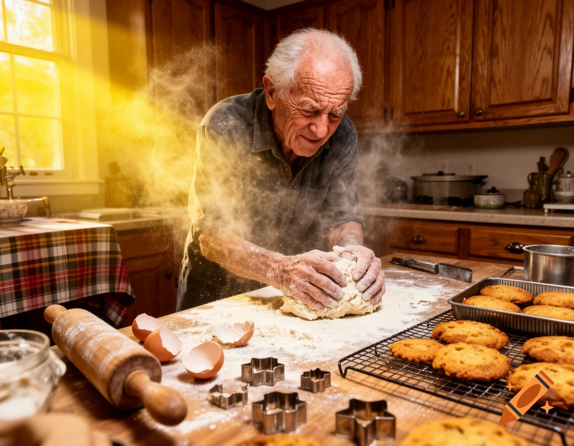 An old man covered in flour, intensely kneading dough on a kitchen counter with cookie cutters and baked cookies nearby, bathed in warm sunlight.