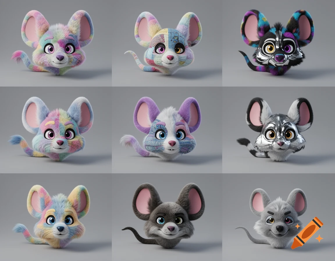 A grid of nine stylized, colorful mouse heads with various patterns and ...