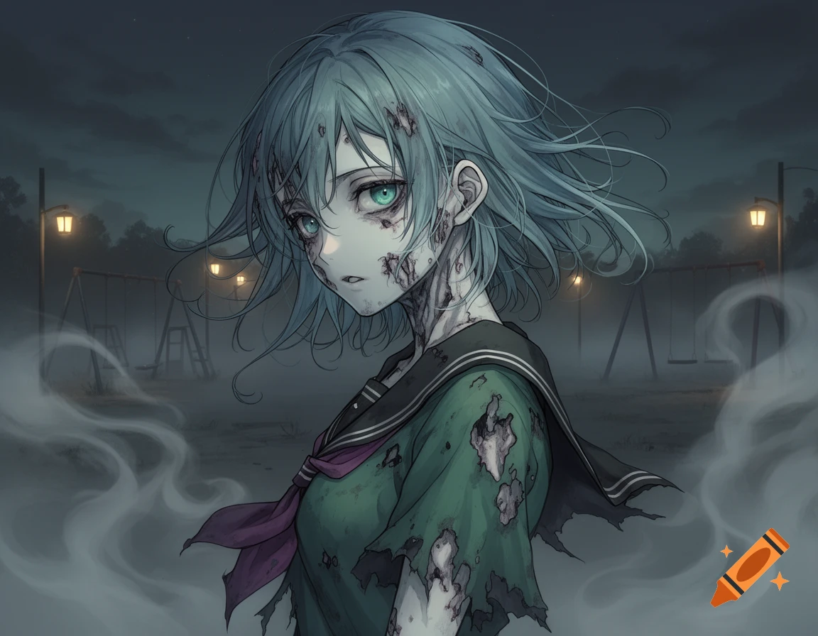 An anime zombie girl with light blue hair and pale green eyes, wearing a tattered green school uniform, stands in a foggy park at night with streetlights.