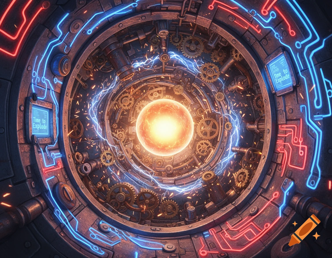 Complex sci-fi machine core with glowing gears, blue and red circuits, electrical arcs, and screens reading 'Time to Explode'.