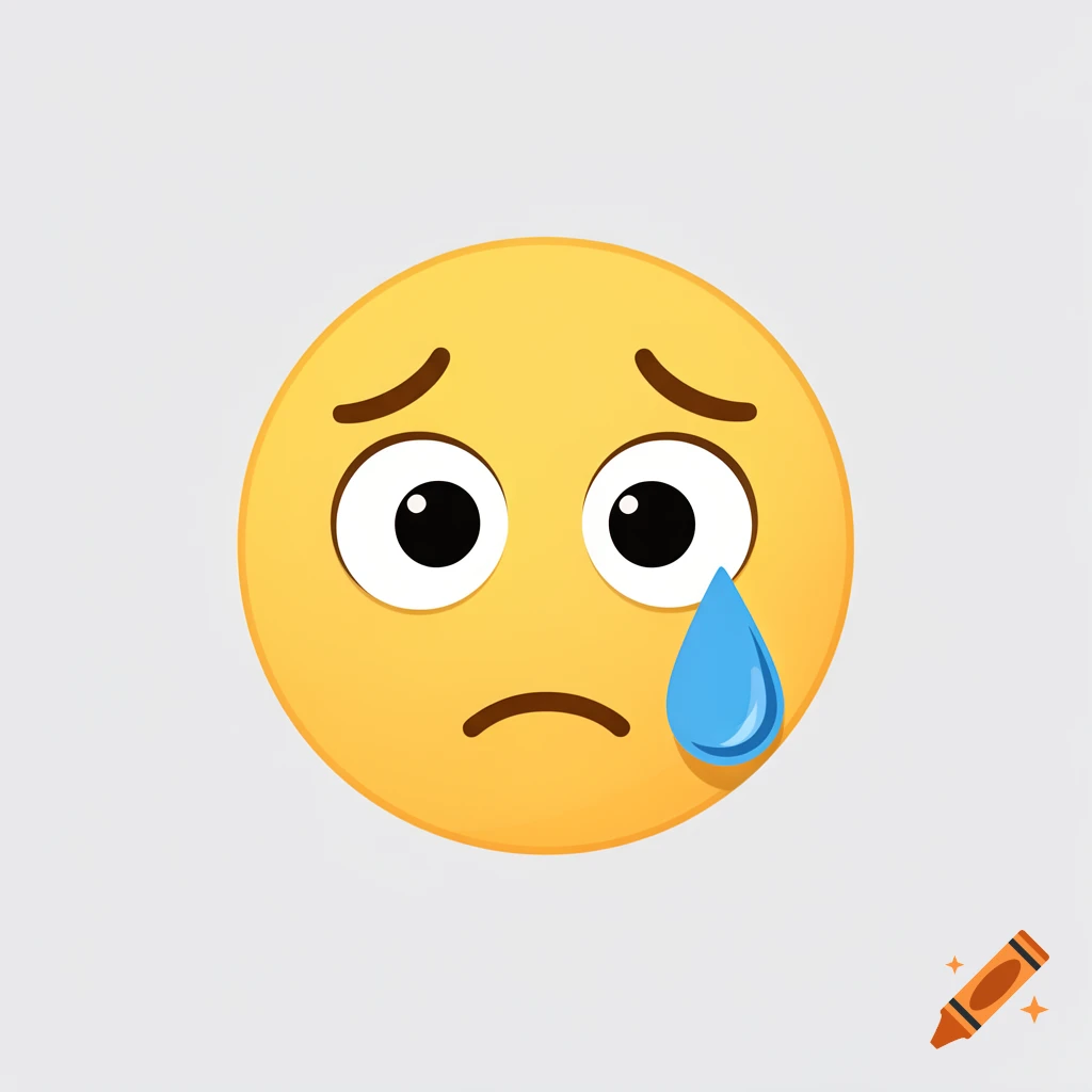 Yellow crying emoji with downturned eyebrows and mouth, and a single blue tear falling from its eye, set against a plain light gray background.