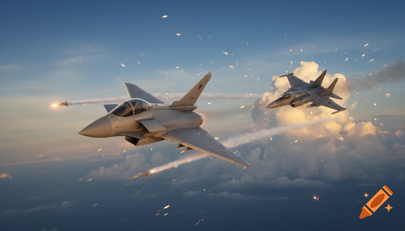 A Eurofighter jet fires a missile forward during an aerial dogfight with a MiG-29 against a dramatic cloudy sky filled with bright explosions and flares.