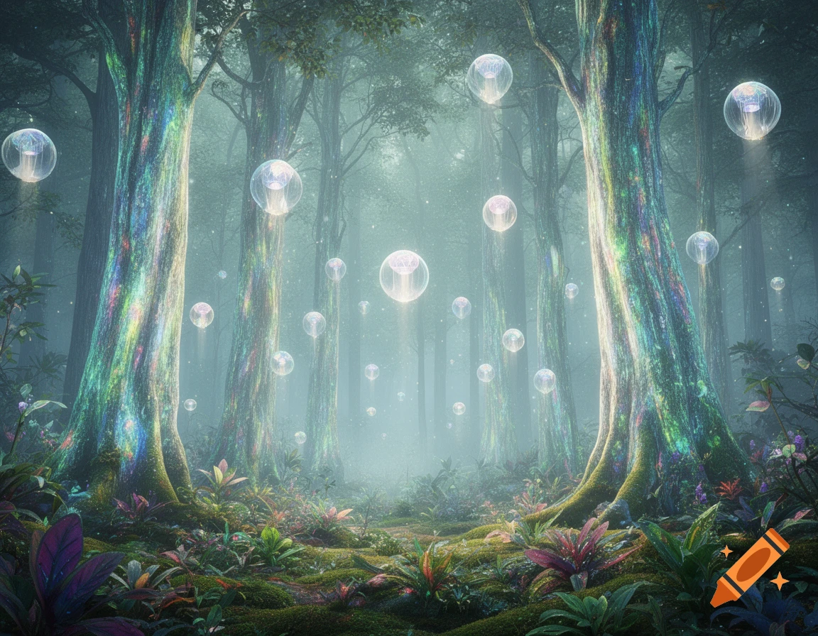 A mystical forest with vibrant, iridescent trees and glowing ...