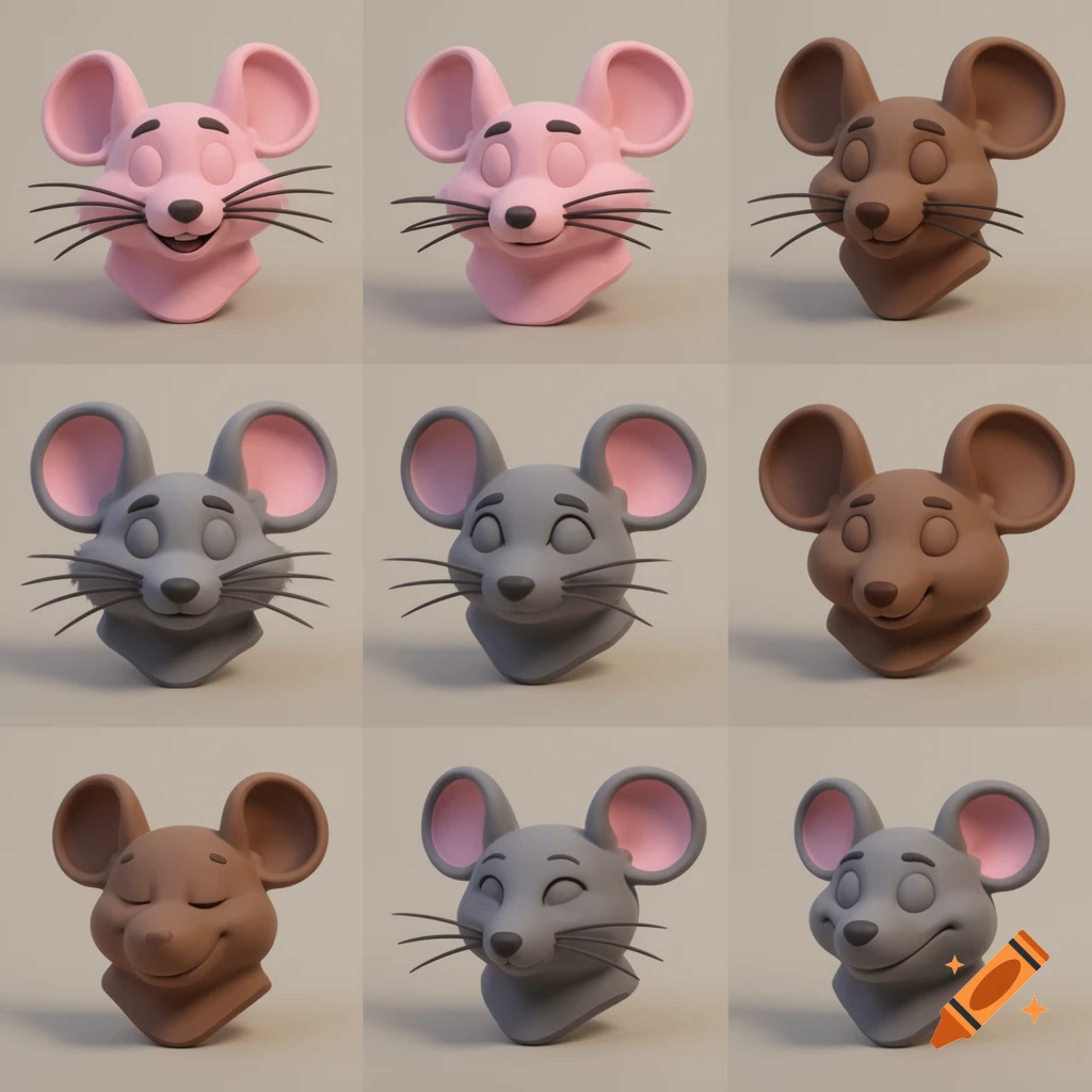 A grid of nine stylized 3D mouse heads in pink, gray, and brown, with closed eyes and whiskers, resembling fursuit foam bases.