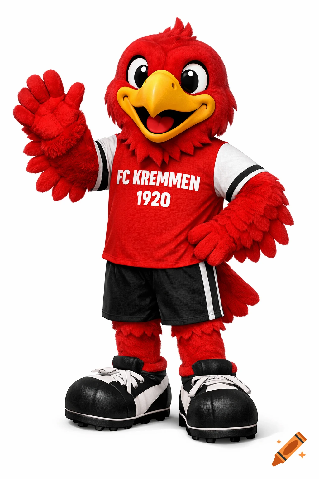A cheerful red eagle mascot in a red football jersey and black shorts waves, standing on a white background.