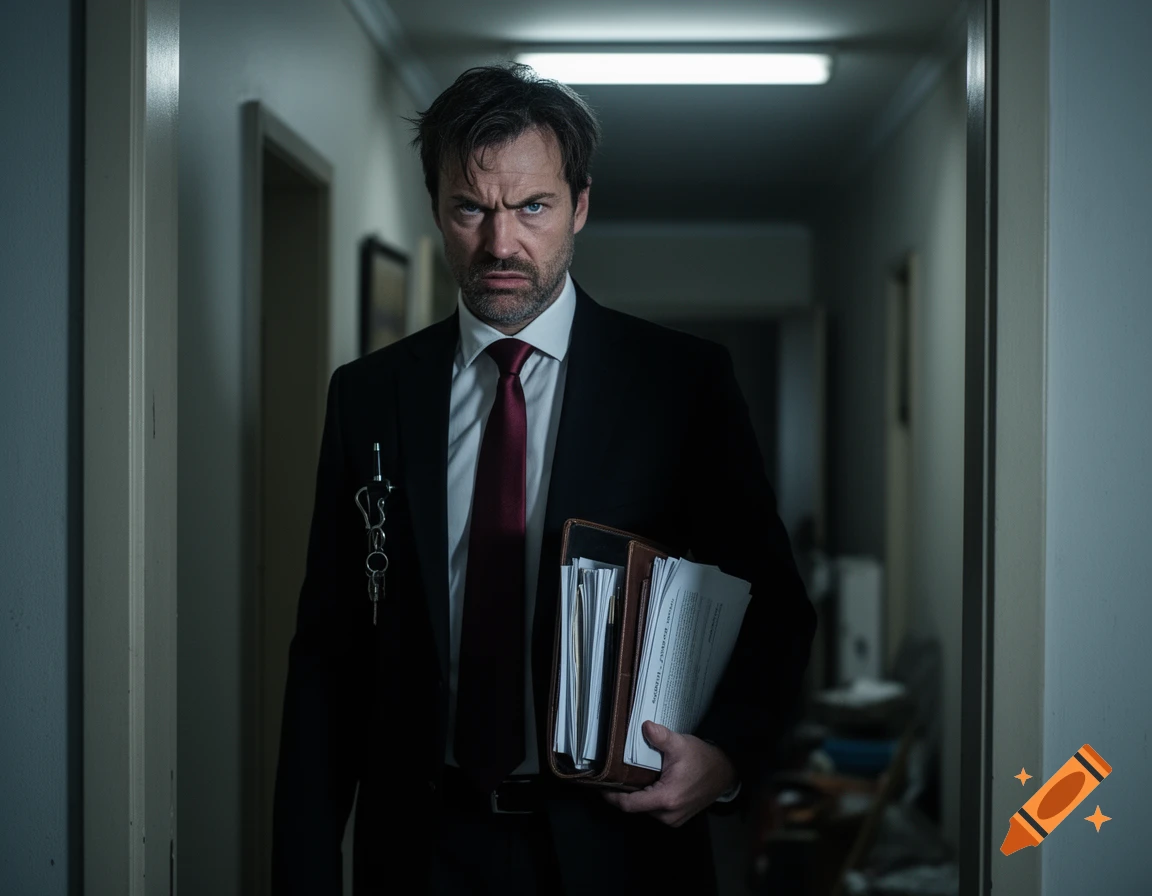 A serious man in a suit and red tie, holding a binder full of papers and keys, stands in a dim hallway.