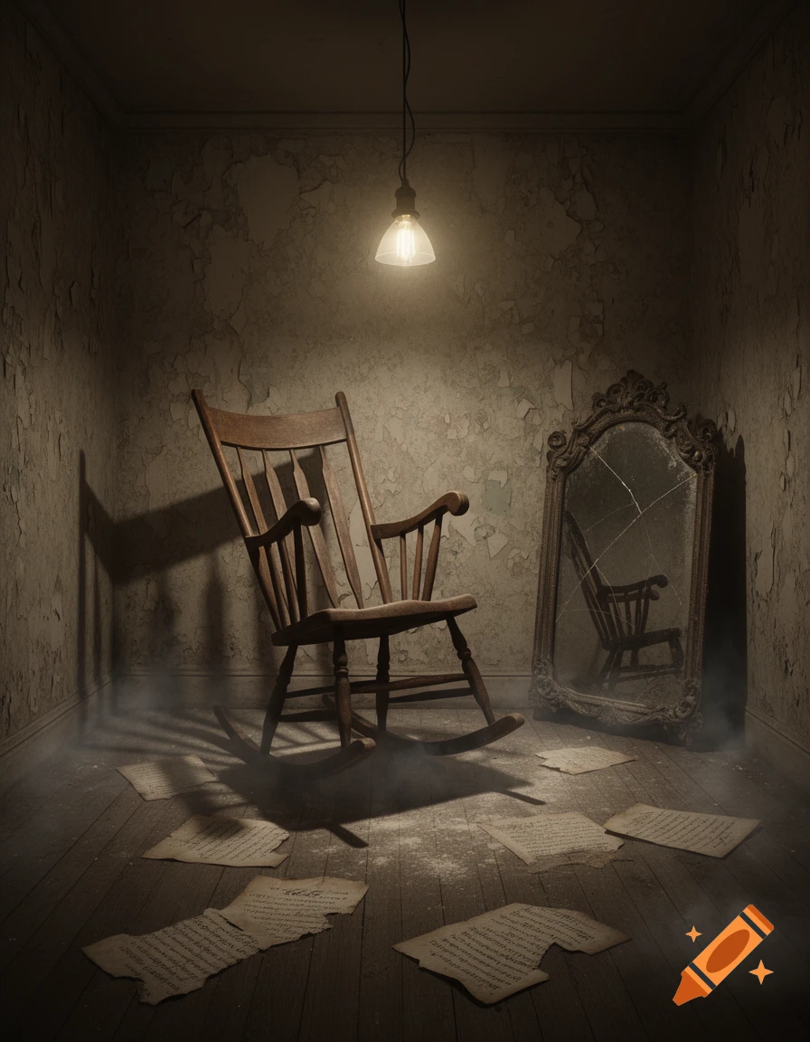 A dimly lit, dilapidated room with a wooden rocking chair, a broken mirror, scattered papers, and atmospheric mist on the floor.