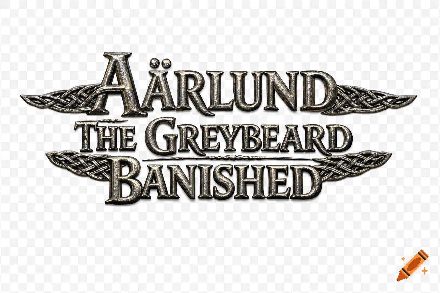 Metallic, chiseled title text 'Aärlund The Greybeard Banished' with Celtic knotwork details on a transparent background.