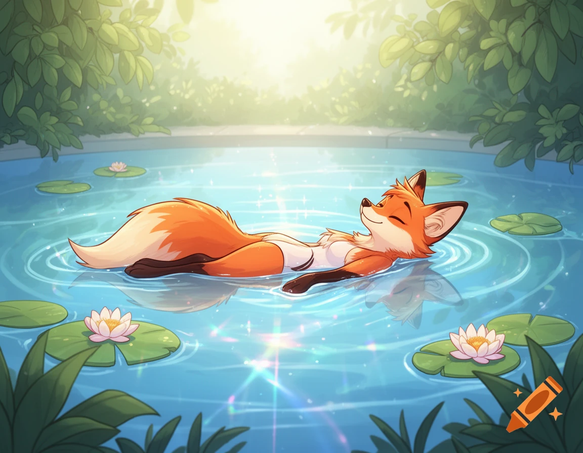 A cute cartoon orange fox happily floats on its back in a sparkling blue pond with water lilies and green leaves, surrounded by lush foliage.