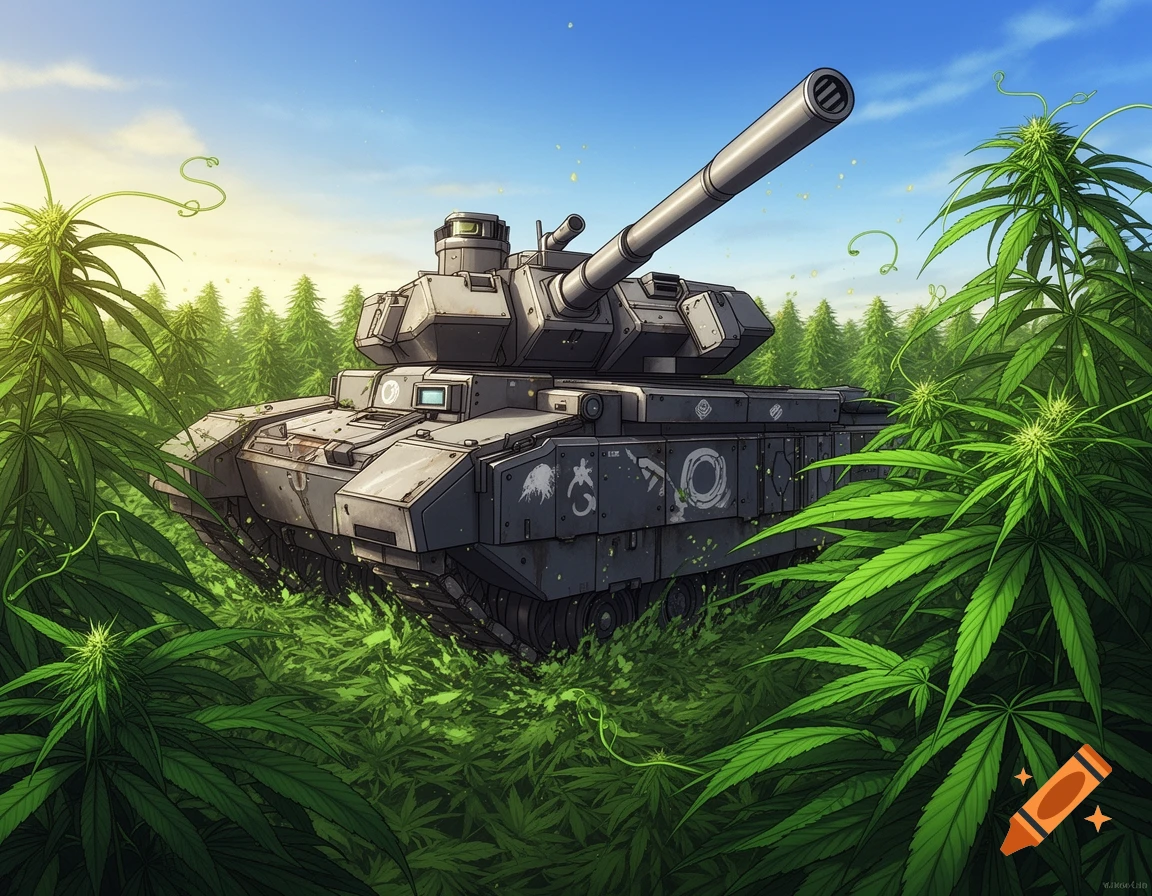 A stylized grey tank with a long barrel drives through a dense field of green marijuana plants, with pine trees in the background under a blue sky.