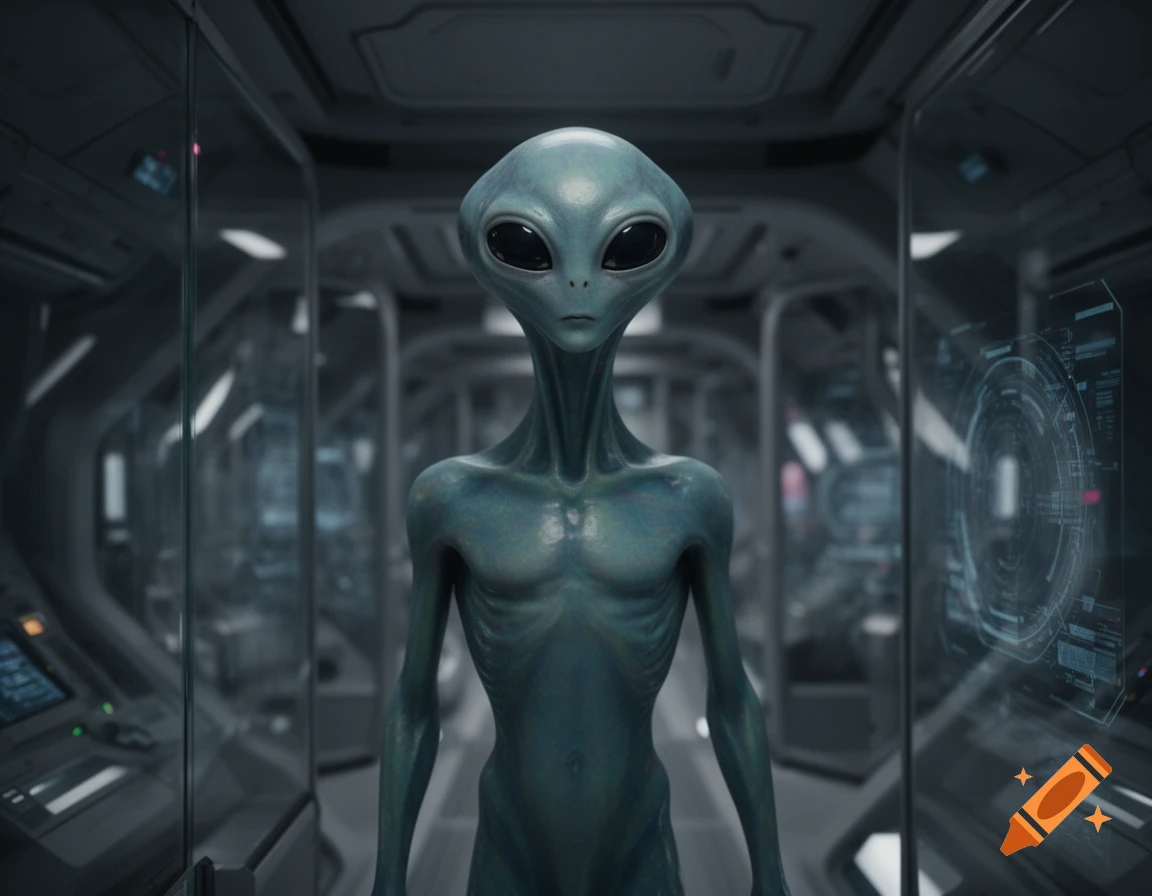 A photorealistic grey alien with large dark eyes stands centered in a futuristic spaceship corridor with glowing screens.