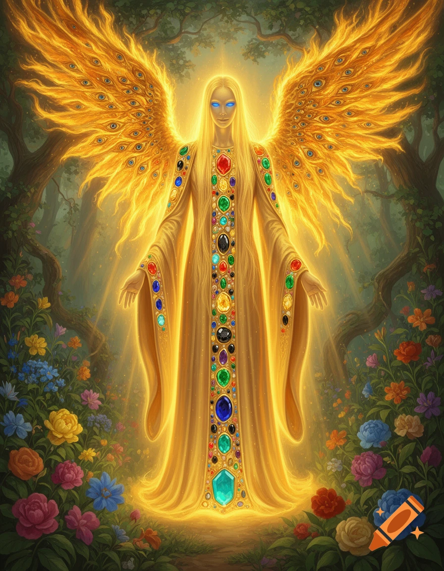 A radiant angelic figure with fiery, eyed wings and gem-adorned golden robes stands in a lush, luminous garden.