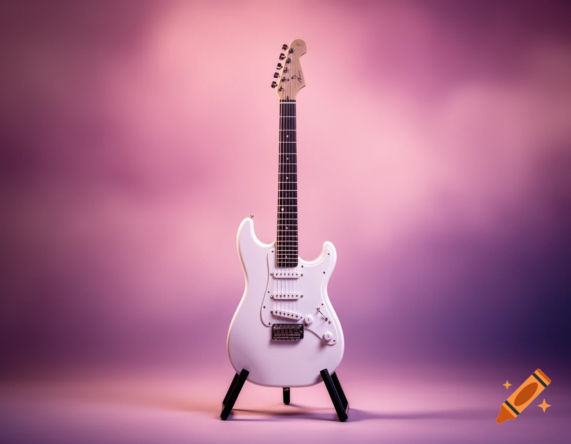 A white electric guitar stands on a black tripod stand against a smooth pink and purple gradient background.