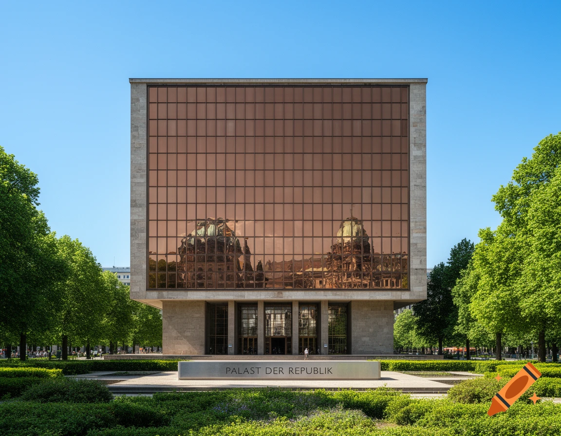 A modern building with a large bronze-colored glass facade reflecting a domed structure, surrounded by green trees and a sign reading 'PALAST DER REPUBLIK'.
