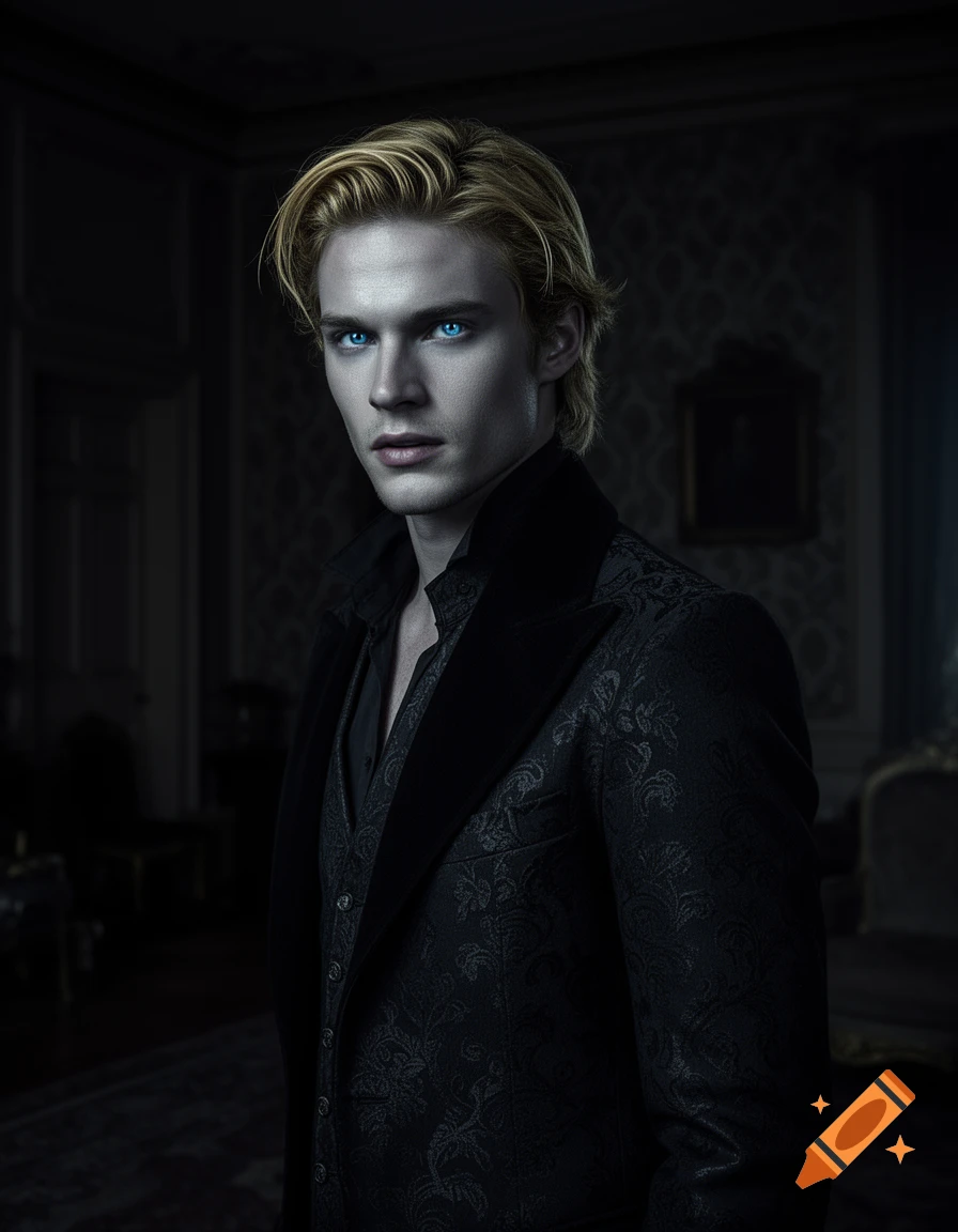 A pale man with bright blue eyes and blonde hair wears a dark, ornate suit in a dimly lit, gothic room.