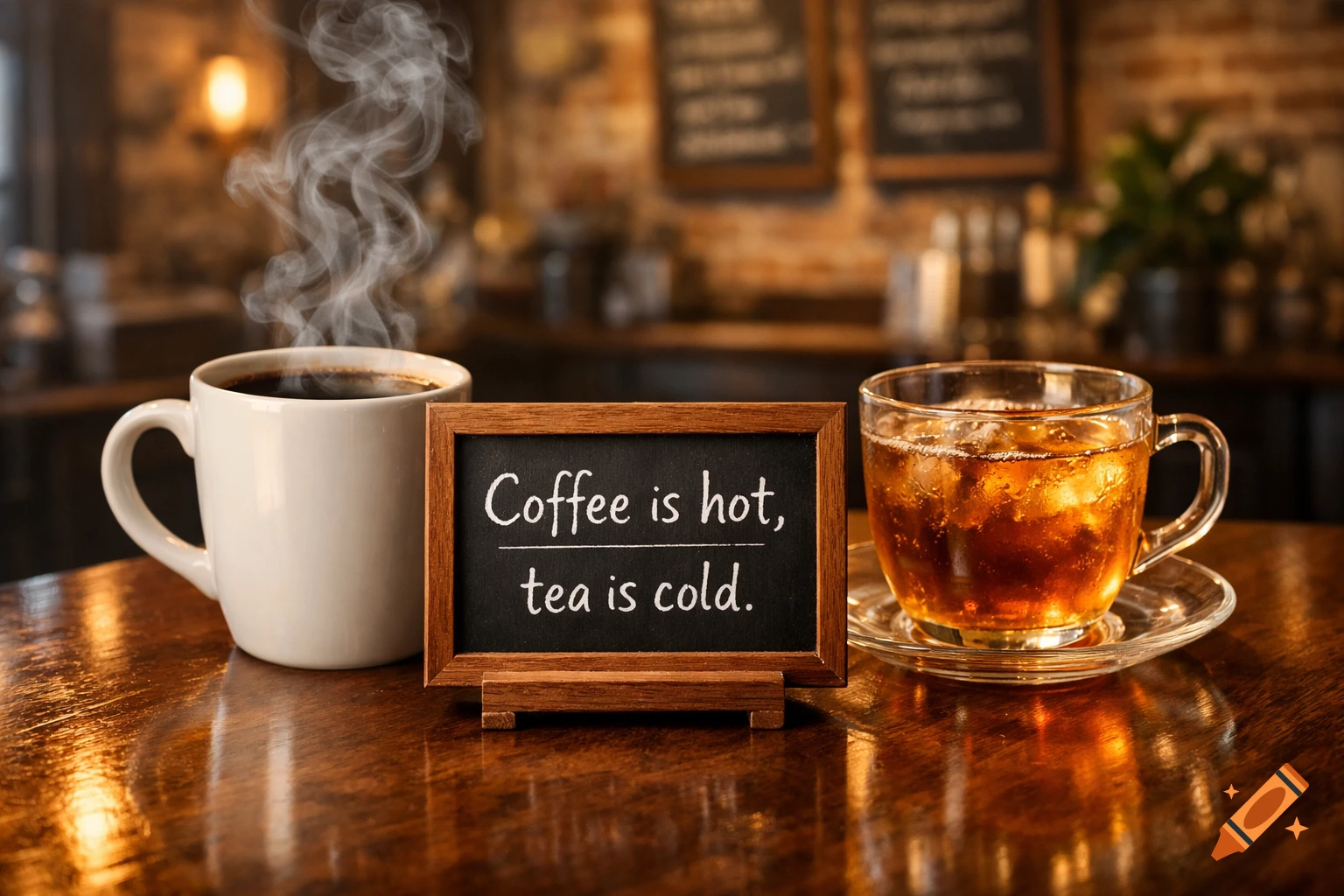 A steaming mug of coffee, a chalkboard sign, and a glass of iced tea on a wooden table in a cafe.