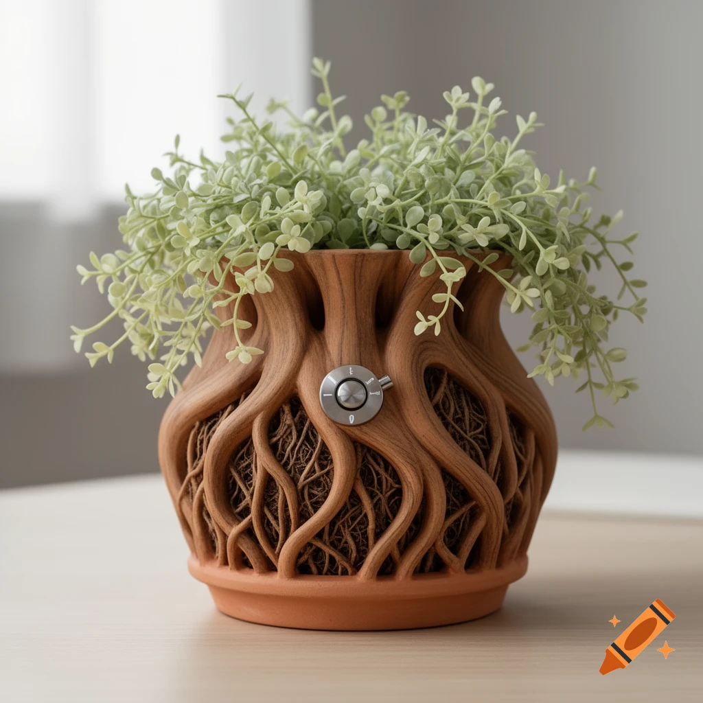 A unique brown plant pot with intricate root-like carvings and a metallic knob, holding a green leafy plant, sits on a wooden table.