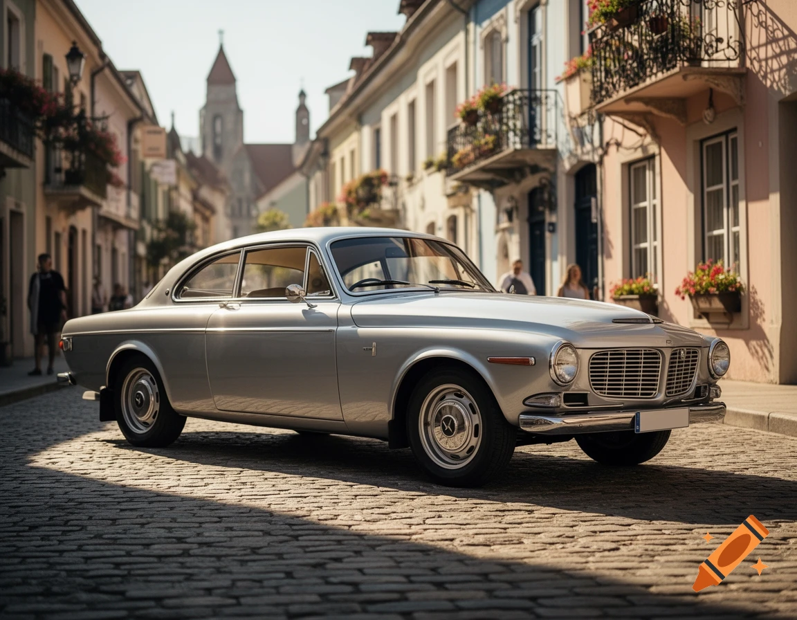 A silver classic car is parked on a sunlit cobblestone street in an old European town, with colorful buildings and people in the background.
