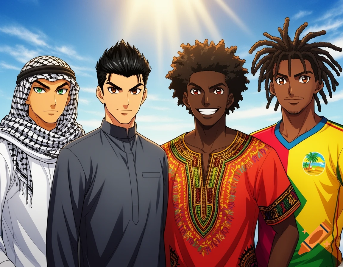 Four anime-style men of diverse backgrounds smiling under a bright blue sky, wearing various cultural attire.