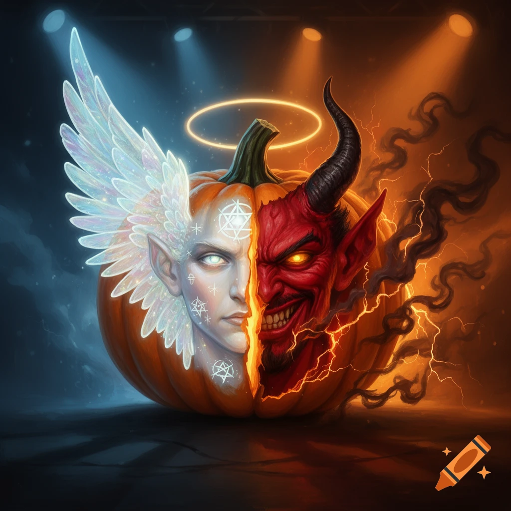 A Halloween pumpkin, half angel with white wings and halo, half red devil with horns, illuminated by blue and orange light.