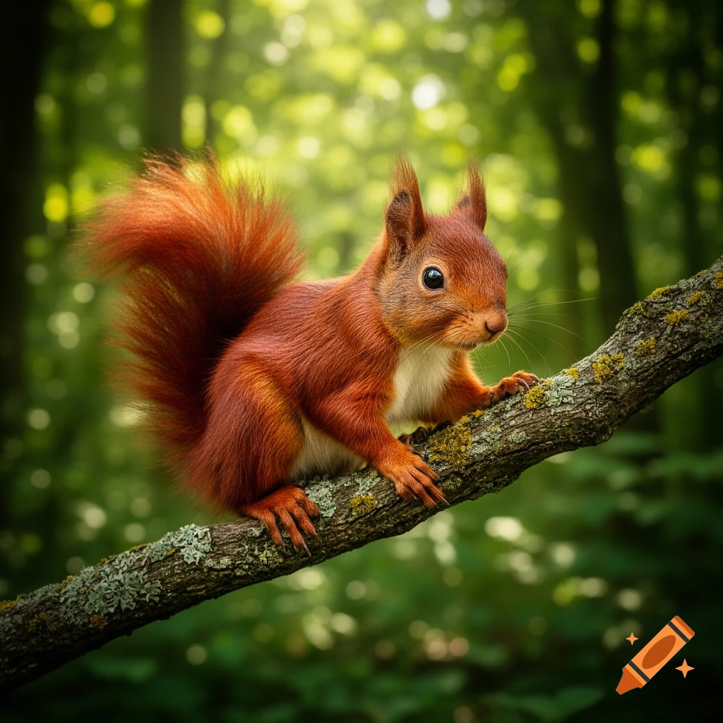 A fluffy red squirrel with a bushy tail perches on a lichen-covered tree branch in a sunlit forest.