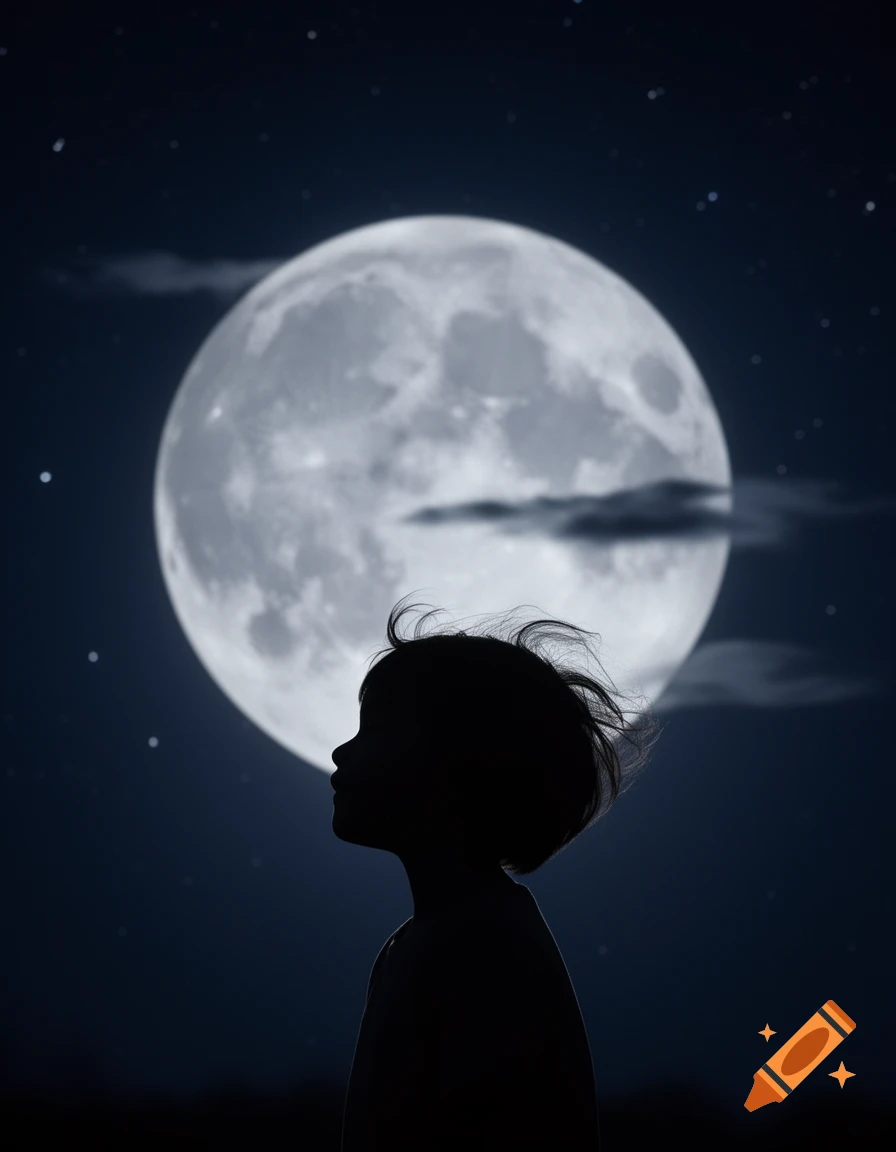 Silhouette of a child with windswept hair looking up at a bright full moon in a dark, starry night sky.