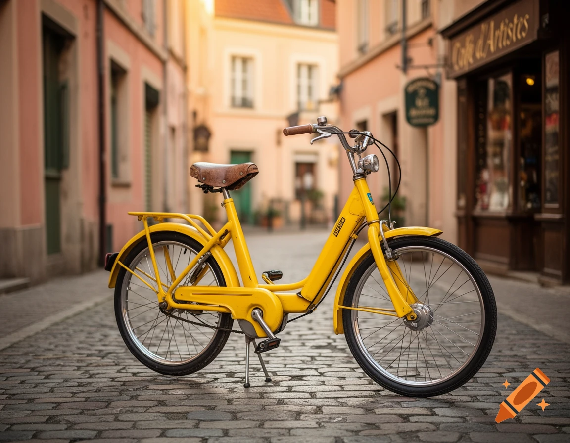 A vibrant yellow Piaggio Ciao moped with a brown seat is parked on a cobblestone street in a quaint European town, with shops and buildings in the background.