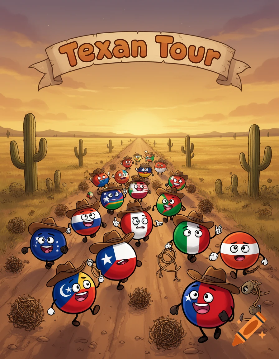 Cartoon countryball characters wearing cowboy hats walk along a dirt road through a desert landscape with saguaro cacti, under a banner reading "Texan Tour" at sunset.