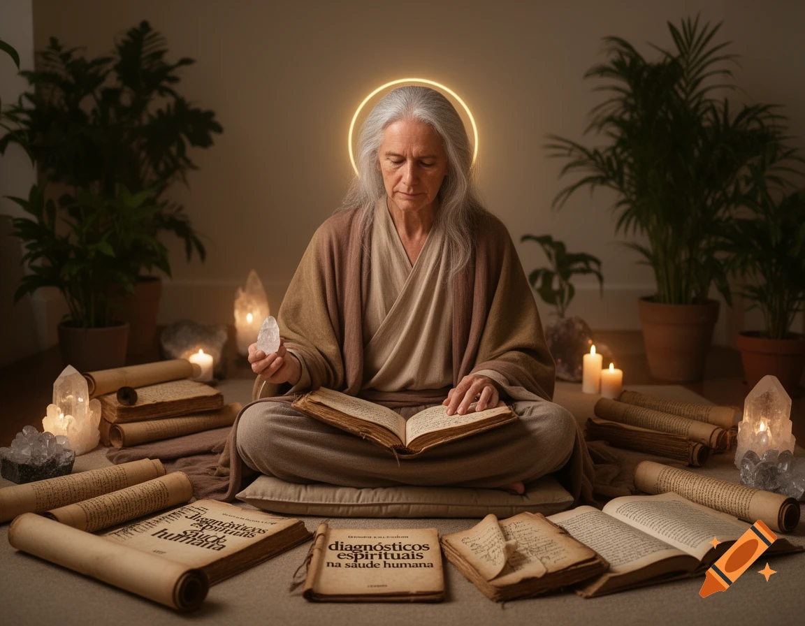 Elderly person with a glowing halo, reading a book surrounded by spiritual texts, crystals, and plants in a photorealistic style.