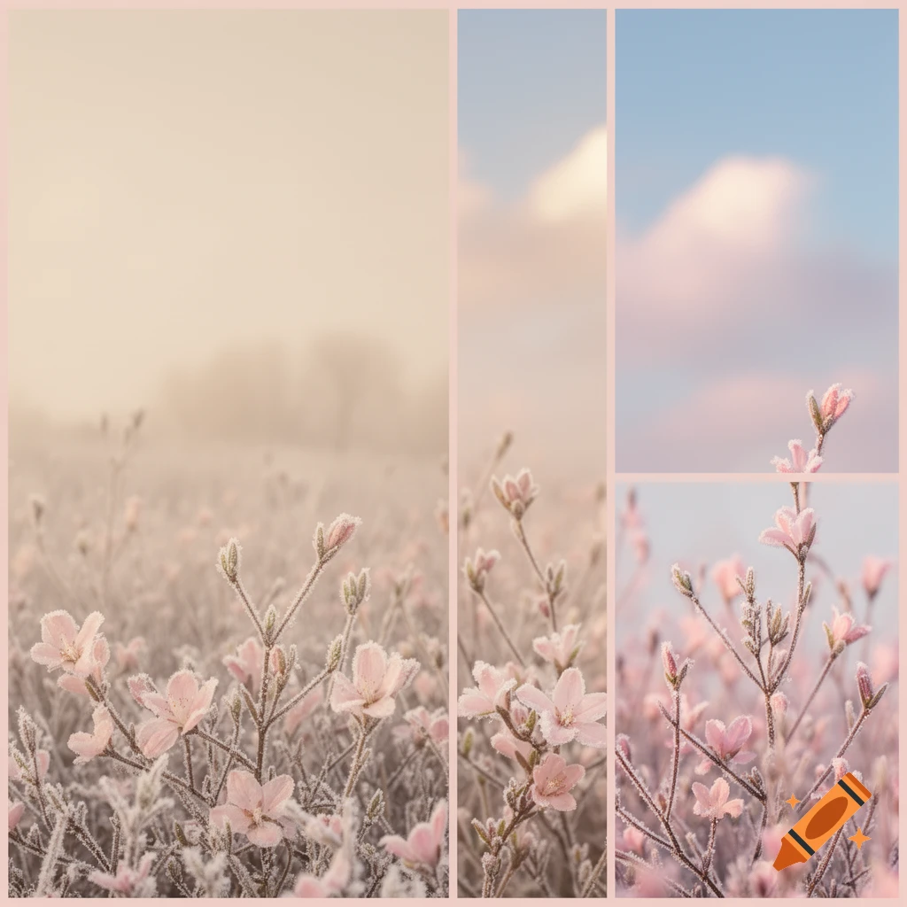 A serene collage of frosted pink flowers in a field under a pastel sky, evoking a spring-winter atmosphere.