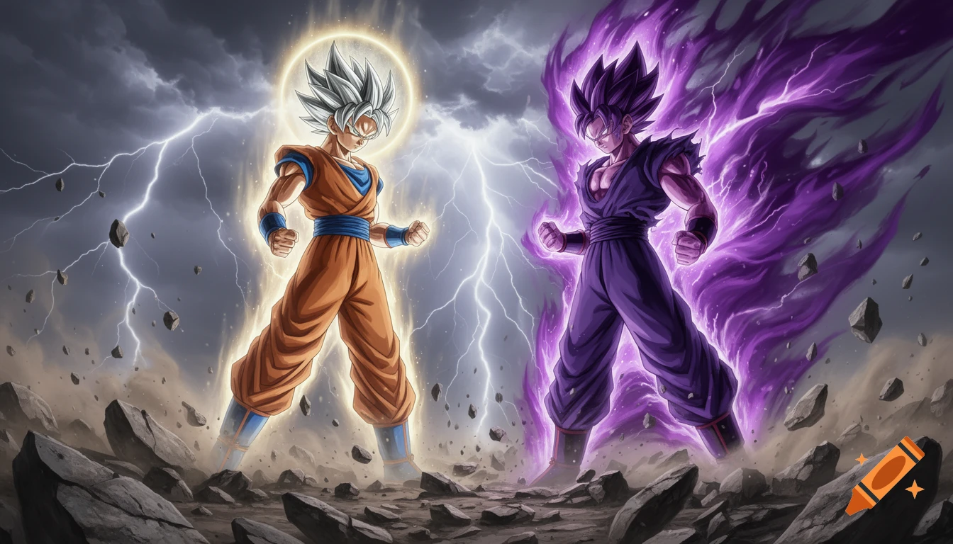 Two anime characters, Goku Ultra Instinct and Vegeta Ultra Ego, power up amidst lightning and floating rocks in a dramatic, stormy scene, anime style.